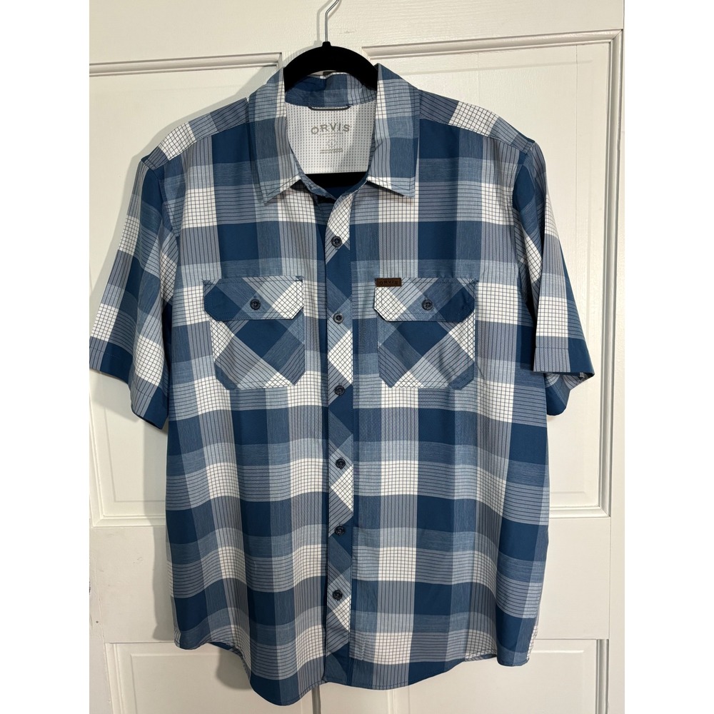 Orvis Mens Large Blue Plaid Short Sleeve Button Down‎ Fishing Hiking Shirt Mesh